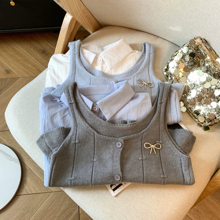 Orlane Two Piece Shirt & Knit Vest Set - flat-lay product shot of shirt and knit vest, light blue and grey - Miss Mosa By Akanksha