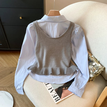 Orlane Two Piece Shirt & Knit Vest Set - back flat-lay product shot of shirt and knit vest, light blue and grey - Miss Mosa By Akanksha