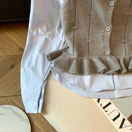 Orlane Two Piece Shirt & Knit Vest Set - close-up of fabric detail, light blue and grey - Miss Mosa By Akanksha