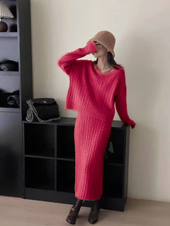 Orlee Winter Coord Set- Set Of Sweater And Skirt - full-length front shot on model, pink - Miss Mosa By Akanksha