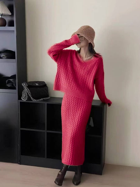 Orlee Winter Coord Set- Set Of Sweater And Skirt - full-length front shot on model, pink - Miss Mosa By Akanksha