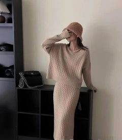 Orlee Winter Coord Set- Set Of Sweater And Skirt - full-length front shot on model, beige - Miss Mosa By Akanksha