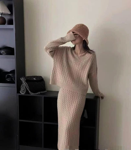 Orlee Winter Coord Set- Set Of Sweater And Skirt - full-length front shot on model, beige - Miss Mosa By Akanksha