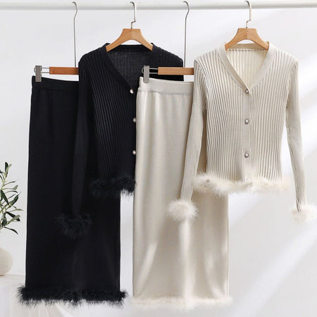 Ornella Fur Coord Skirt Set - flat-lay shot, black and cream with feather trim - Miss Mosa By Akanksha