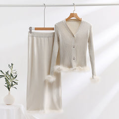 Ornella Fur Coord Skirt Set - flat-lay shot, cream with feather trim - Miss Mosa By Akanksha