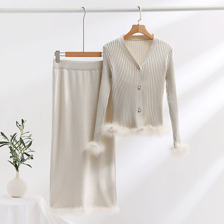 Ornella Fur Coord Skirt Set - flat-lay shot, cream with feather trim - Miss Mosa By Akanksha