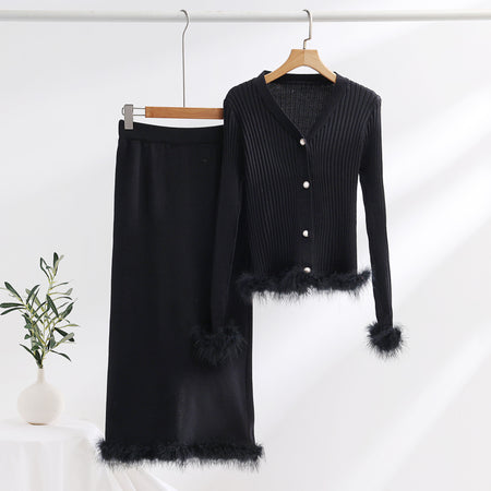 Ornella Fur Coord Skirt Set - flat-lay shot, black with feather trim - Miss Mosa By Akanksha