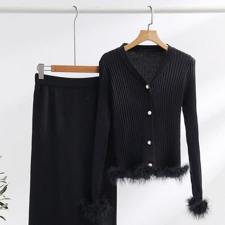 Ornella Fur Coord Skirt Set - flat-lay shot, black with feather trim - Miss Mosa By Akanksha