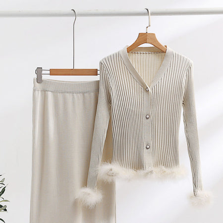 Ornella Fur Coord Skirt Set - flat-lay shot, cream with feather trim - Miss Mosa By Akanksha