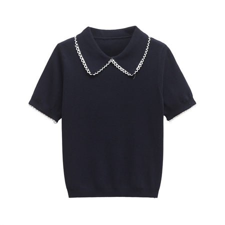 Ornella Knit Summer Top In Navy Blue - flat-lay product shot showing collar - Miss Mosa By Akanksha