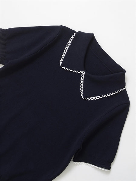 Ornella Knit Summer Top In Navy Blue - flat-lay shot showing shoulder and collar detail - Miss Mosa By Akanksha