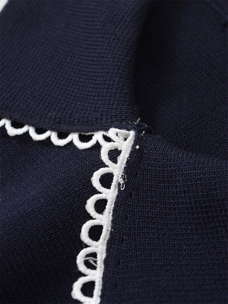 Ornella Knit Summer Top In Navy Blue - close-up shot of scalloped collar trim - Miss Mosa By Akanksha