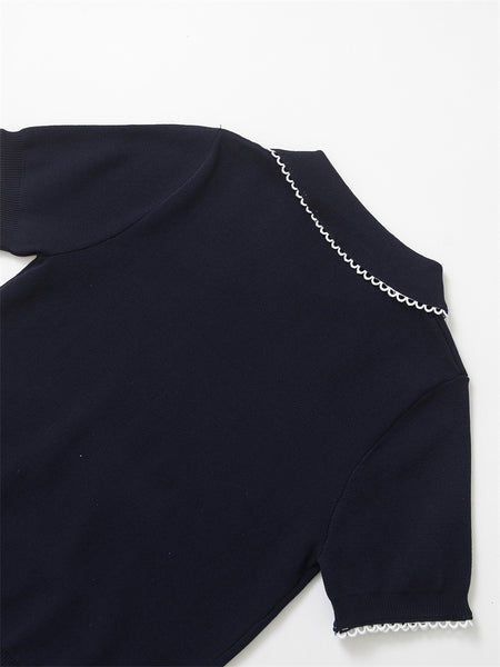 Ornella Knit Summer Top In Navy Blue - flat-lay shot showing shoulder and sleeve - Miss Mosa By Akanksha