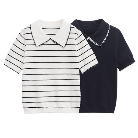 Ornella Knit Summer Top In White - flat-lay product shot of white and navy paired with a plain navy top - Miss Mosa By Akanksha