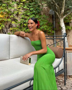Ornella Off Shoulder Maxi Dress - seated shot, bright green - Miss Mosa By Akanksha
