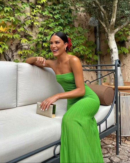 Ornella Off Shoulder Maxi Dress - seated shot, bright green - Miss Mosa By Akanksha