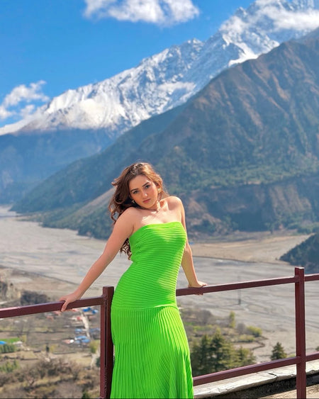 Ornella Off Shoulder Maxi Dress - front shot, bright green - Miss Mosa By Akanksha