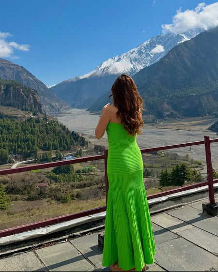 Ornella Off Shoulder Maxi Dress - back shot, bright green - Miss Mosa By Akanksha