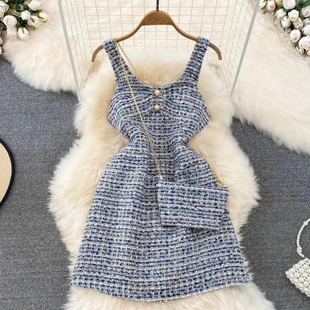 Orry Tweed Dress with Sling Bag In Blue - styled flat-lay shot, blue - Miss Mosa By Akanksha