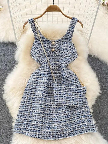 Orry Tweed Dress with Sling Bag In Blue - front shot on hanger, blue - Miss Mosa By Akanksha