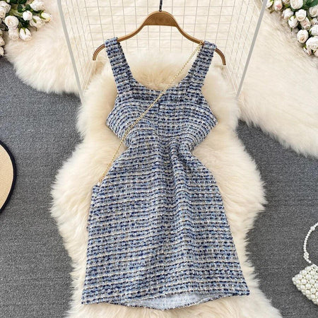 Orry Tweed Dress with Sling Bag In Blue - front shot on hanger, blue - Miss Mosa By Akanksha
