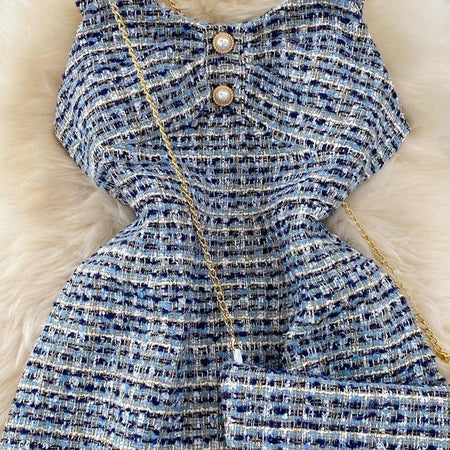 Orry Tweed Dress with Sling Bag In Blue - close-up of bodice and buttons, blue - Miss Mosa By Akanksha