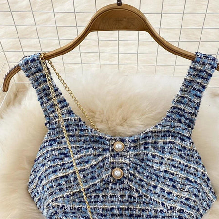 Orry Tweed Dress with Sling Bag In Blue - close-up of bodice on hanger, blue - Miss Mosa By Akanksha