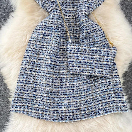 Orry Tweed Dress with Sling Bag In Blue - close-up of skirt and bag, blue - Miss Mosa By Akanksha