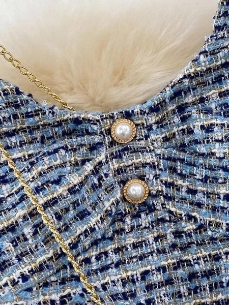 Orry Tweed Dress with Sling Bag In Blue - close-up of pearl buttons, blue - Miss Mosa By Akanksha