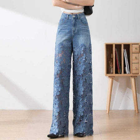 Orsola Floral Cutout Denim Jeans - front shot on model, blue - Miss Mosa By Akanksha