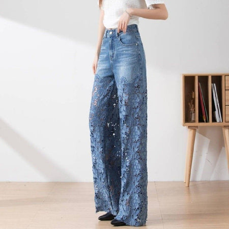 Orsola Floral Cutout Denim Jeans - side shot on model, blue - Miss Mosa By Akanksha