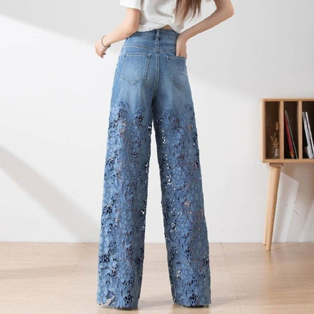 Orsola Floral Cutout Denim Jeans - back shot on model, blue - Miss Mosa By Akanksha