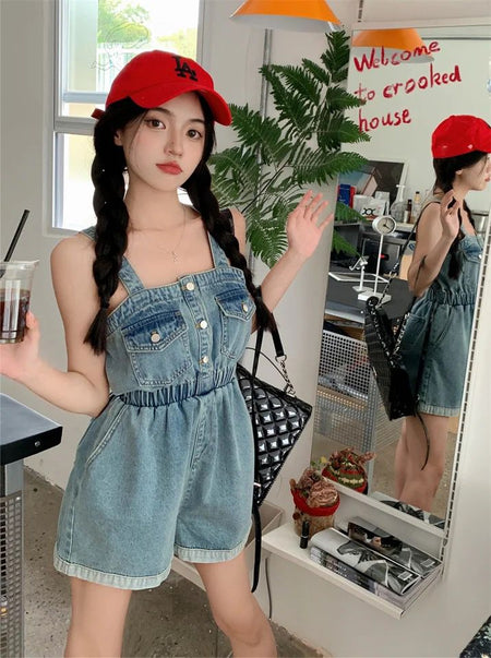 Orson Denim Romper - lifestyle shot on model, blue - Miss Mosa By Akanksha