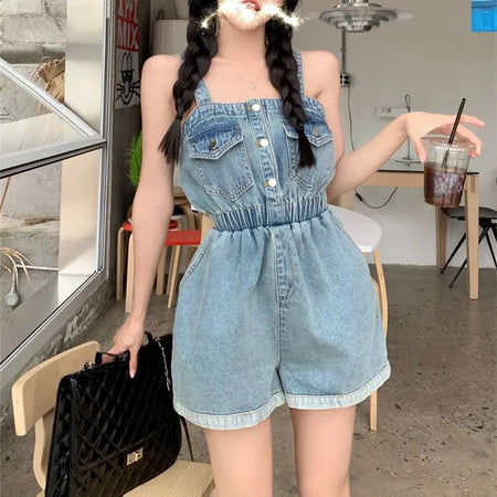 Orson Denim Romper - front shot on model, blue - Miss Mosa By Akanksha