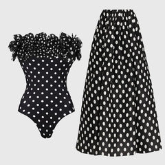 Orthan 1Pc Ruffle Polka Swimsuit With Skirt - flat-lay shot, black and white polka dot - Miss Mosa By Akanksha