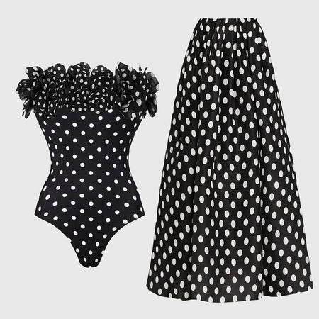 Orthan 1Pc Ruffle Polka Swimsuit With Skirt - flat-lay shot, black and white polka dot - Miss Mosa By Akanksha