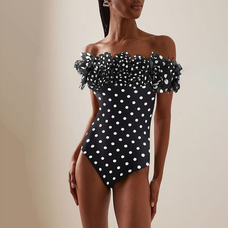 Orthan 1Pc Ruffle Polka Swimsuit With Skirt - close-up shot, black and white polka dot - Miss Mosa By Akanksha