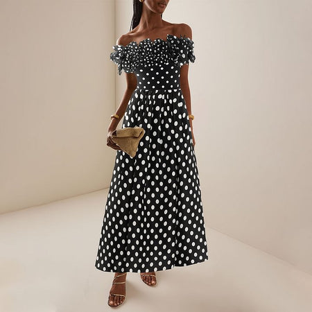 Orthan 1Pc Ruffle Polka Swimsuit With Skirt - full-length shot, black and white polka dot - Miss Mosa By Akanksha