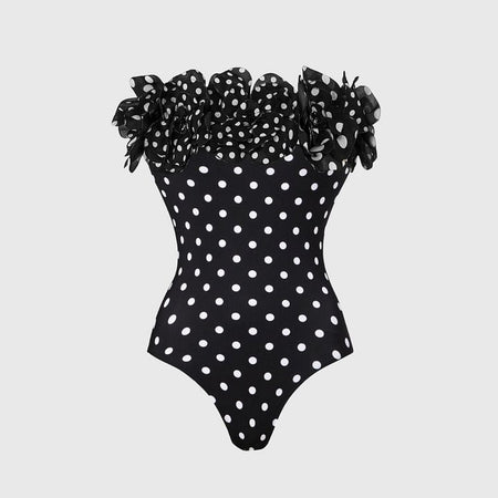 Orthan 1Pc Ruffle Polka Swimsuit With Skirt - flat-lay shot, black and white polka dot - Miss Mosa By Akanksha