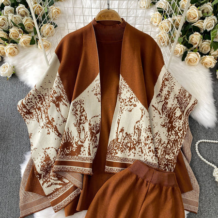 Orville Luxe Winter Coord Set With Cape - close-up of cape detail, brown and cream - Miss Mosa By Akanksha