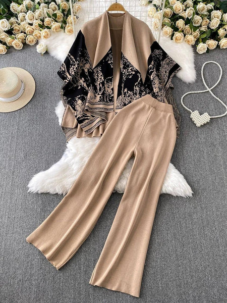 Orville Luxe Winter Coord Set With Cape - flat-lay product shot, camel and black - Miss Mosa By Akanksha