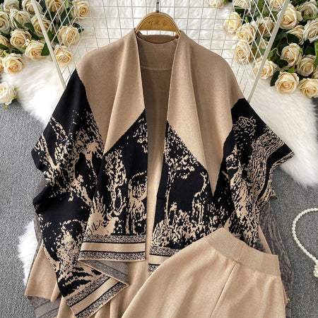Orville Luxe Winter Coord Set With Cape - close-up of cape detail, camel and black - Miss Mosa By Akanksha