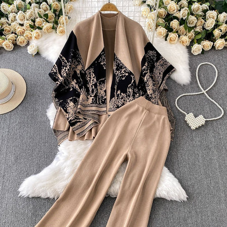 Orville Luxe Winter Coord Set With Cape - close-up of cape detail, camel and black - Miss Mosa By Akanksha