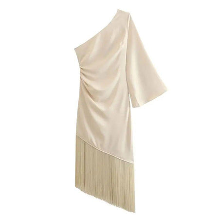 Osiris Luxe Party Dress In Beige - styled flat-lay shot, beige - Miss Mosa By Akanksha
