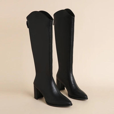 Oslo Knee High Leather Boots - flat-lay product shot, black - Miss Mosa By Akanksha