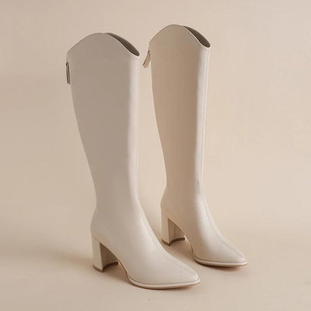 Oslo Knee High Leather Boots - flat-lay product shot, cream - Miss Mosa By Akanksha