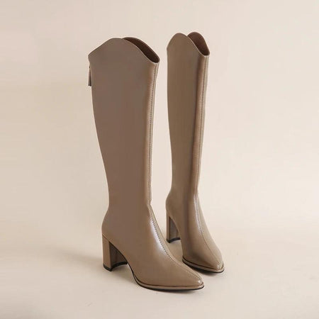 Oslo Knee High Leather Boots - flat-lay product shot, taupe - Miss Mosa By Akanksha