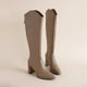 Oslo Knee High Leather Boots - flat-lay product shot, taupe - Miss Mosa By Akanksha