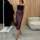 Ottavia Leather Midi Slit Skirt - front shot on model, burgundy - Miss Mosa By Akanksha