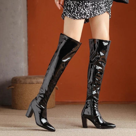 Over the Knee Patent Leather Boots In Black - front shot on model, black - Miss Mosa By Akanksha